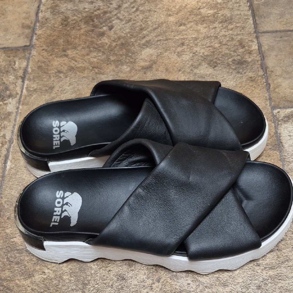 Sorel Black Leather Criss Cross Slide Sandals Size 7.5